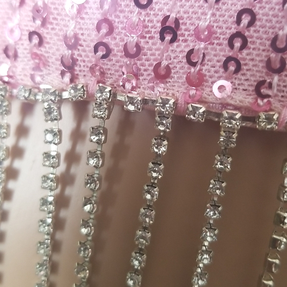 BOHO Glam Pink Sparkle Sequin Crop Top with Jewelled Fringe SZ L - Picture 9 of 17